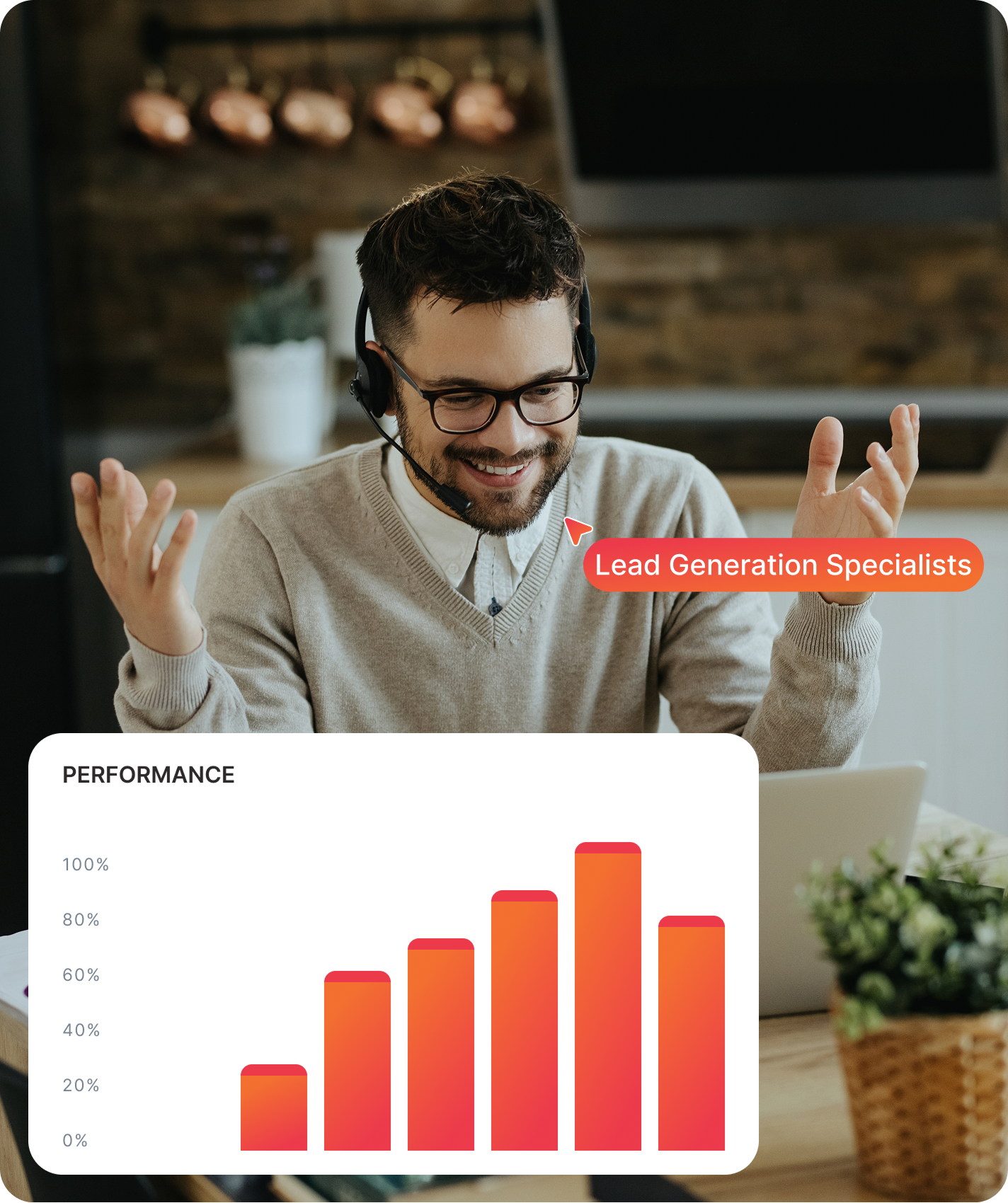 Man wearing a headset smiling during a video call, labeled as "Lead Generation Specialists", with a performance bar chart overlay showing increasing metrics.
