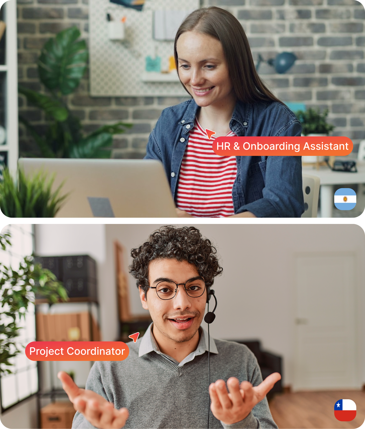 Two professionals in virtual meeting settings: a woman labeled 'HR & Onboarding Assistant' with an Argentina flag icon, and a man labeled 'Project Coordinator' with a Chile flag icon.