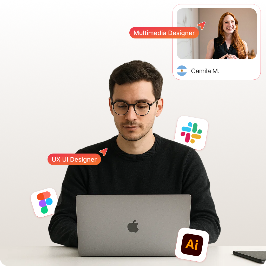 Man working on a MacBook, labeled "UX UI Designer", surrounded by icons of Figma, Illustrator, and Slack, with a photo of Camila M. labeled "Multimedia Designer" in the top corner.