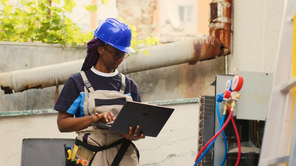 A thermal engineer using a laptop to analyze HVAC performance during a system inspection.