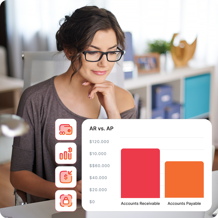 Woman analyzing financial data on a computer, with an overlay showing icons related to accounting and a bar chart comparing Accounts Receivable vs. Accounts Payable.