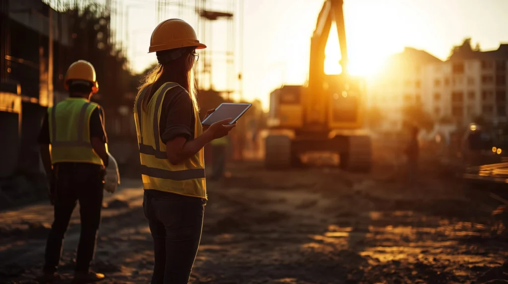 Civil engineer inspecting a construction site with a tablet at sunset.