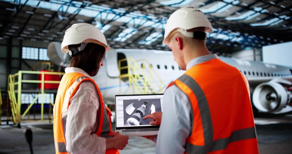 Mechanical engineers reviewing a turbine model on a laptop in an aircraft hangar.