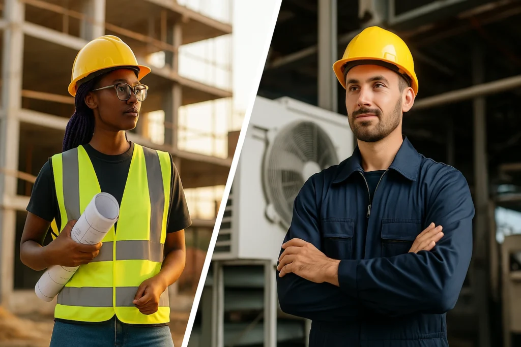 Civil and mechanical engineers working side by side on a construction site — one holding structural blueprints, the other reviewing HVAC schematics on a tablet.