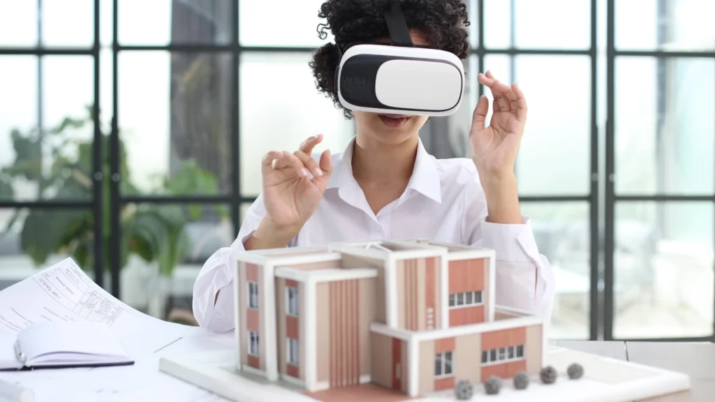 Architect presenting virtual building model to colleagues using VR headset