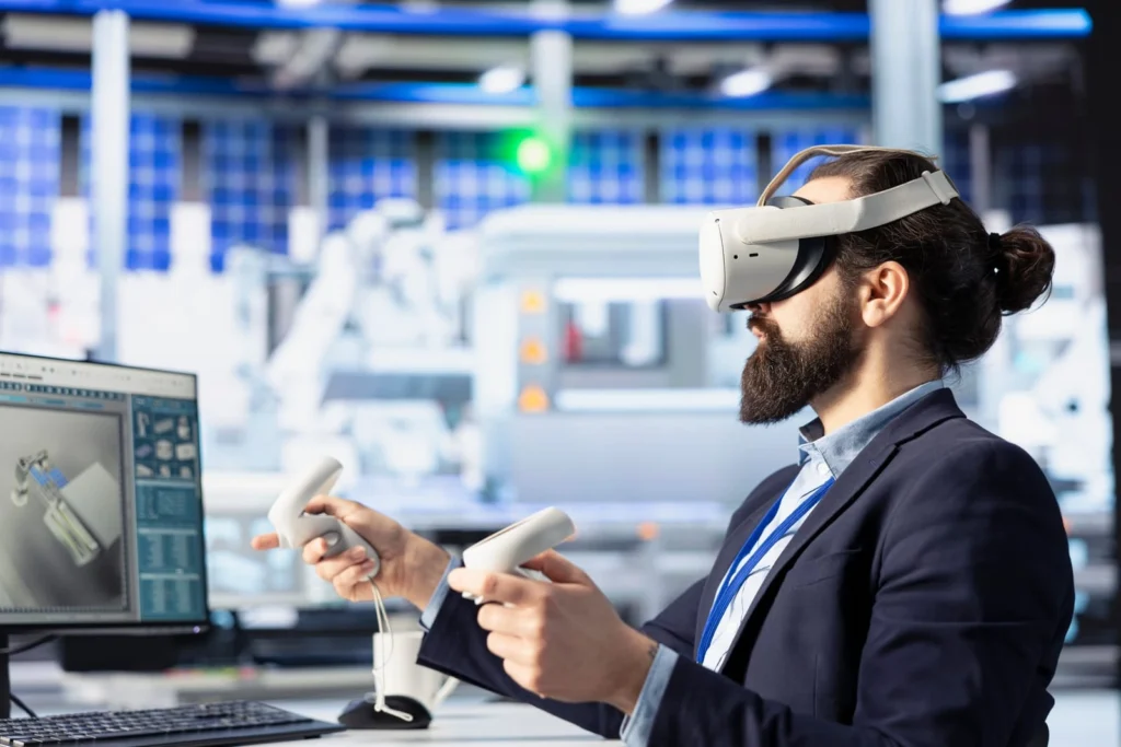 Engineer using VR headset and CAD software for real-time 3D design review