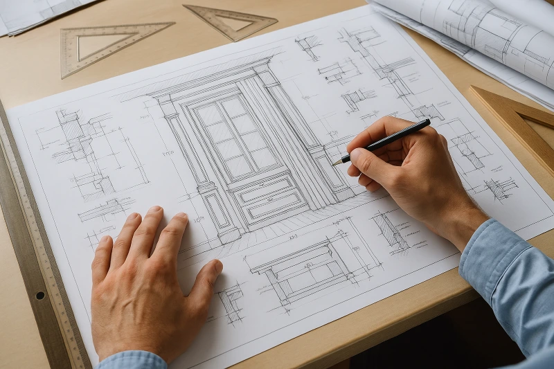 Architectural detailing sketch of interior door frame in progress