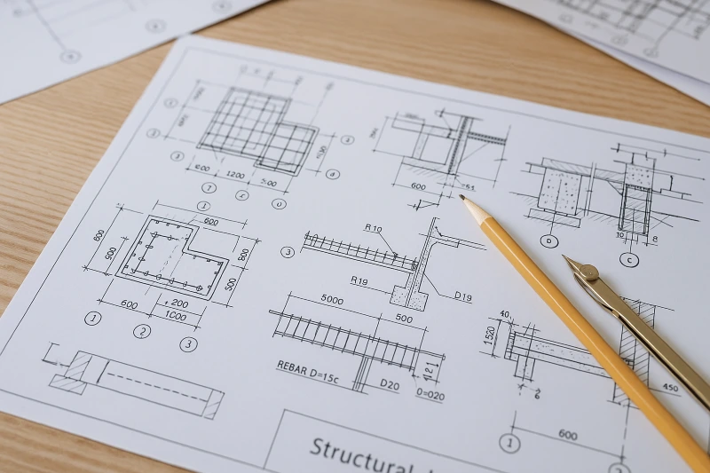 Structural detailing blueprint with pencil and compass on wooden table