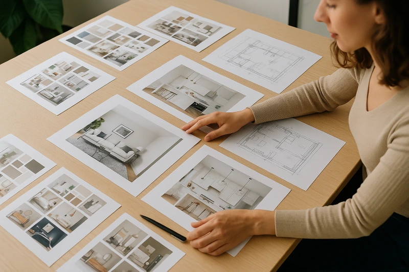 Interior designer arranging printed portfolio pages on a desk with moodboards and sketches