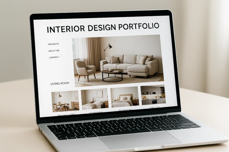 Modern interior design portfolio displayed on a laptop screen with a clean minimal layout