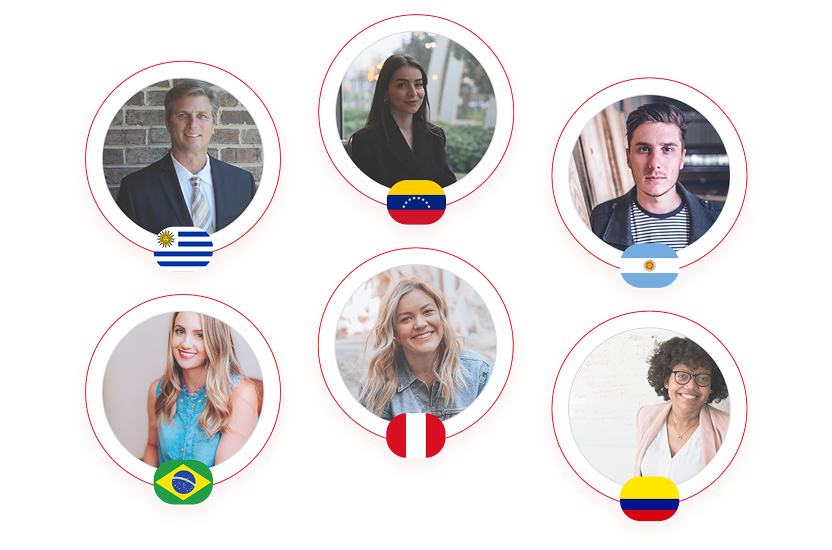 Grid of six team members, each in circular profile photos with country flags: Uruguay, Venezuela, Argentina, Brazil, Peru, and Colombia.