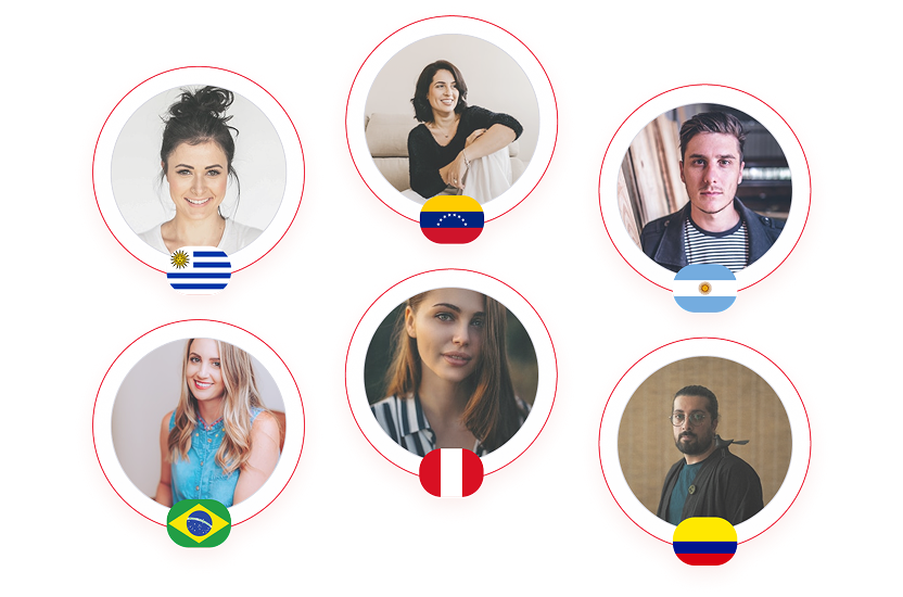 Grid of six professionals with circular profile photos and country flags, representing talent from Uruguay, Venezuela, Argentina, Brazil, Peru, and Colombia.