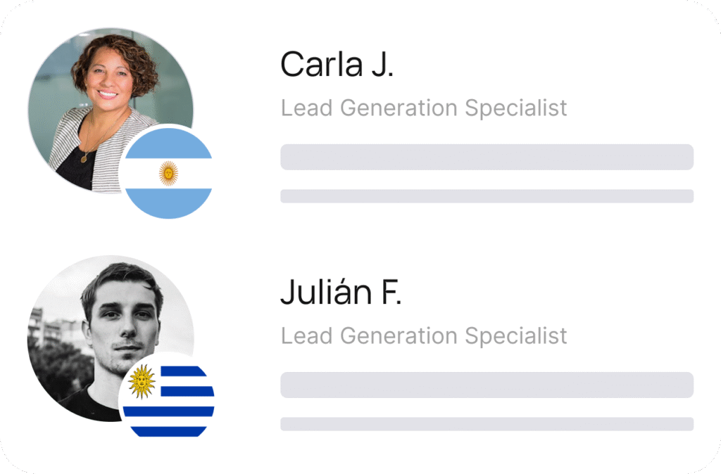 Profile cards of Carla J. from Argentina and Julián F. from Uruguay, both labeled as Lead Generation Specialists, with progress bars beneath each name.