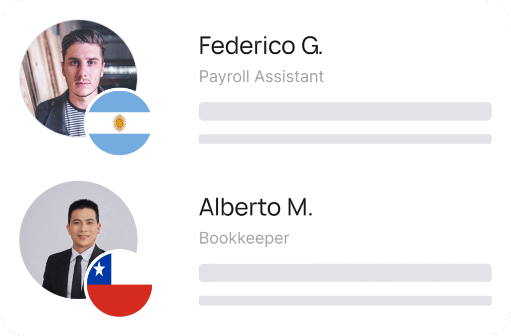 Profile cards of Federico G. from Argentina, labeled Payroll Assistant, and Alberto M. from Chile, labeled Bookkeeper, each with progress bars below their names.