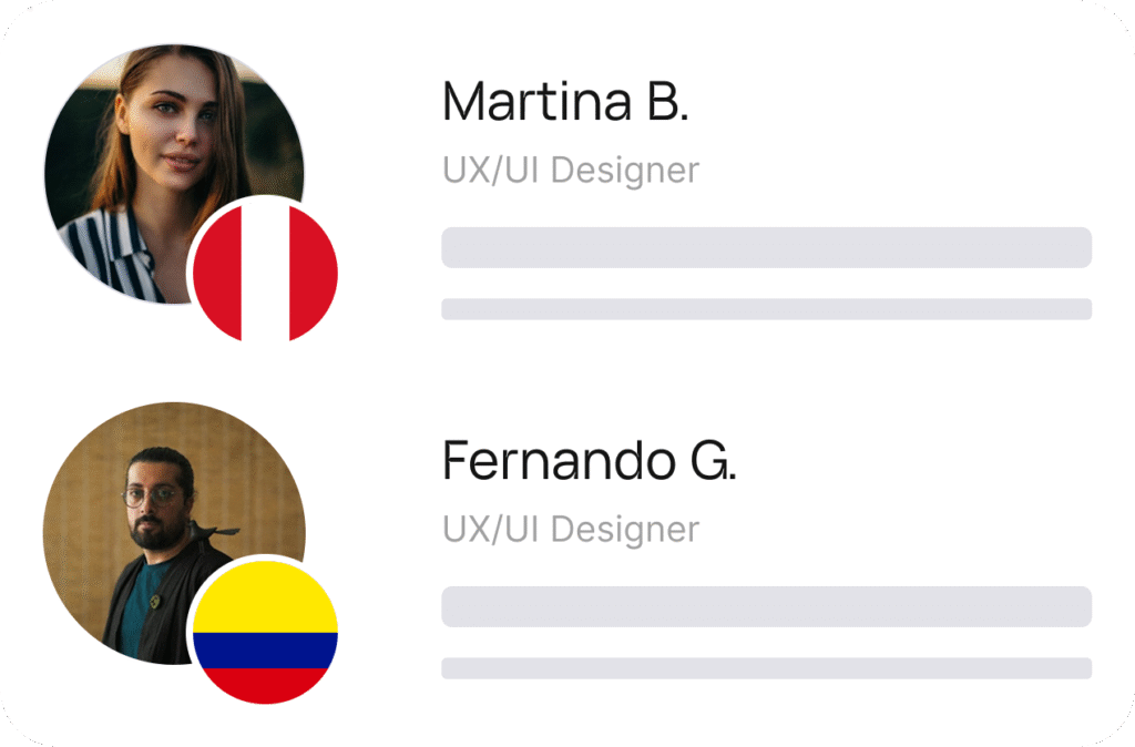 Profile cards of UX/UI Designers Martina B. from Peru and Fernando G. from Colombia, each with profile photo, job title, and progress bars.