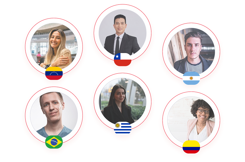 Grid of six professionals from Latin America, each with a circular profile photo and flag: Venezuela, Chile, Argentina, Brazil, Uruguay, and Colombia.