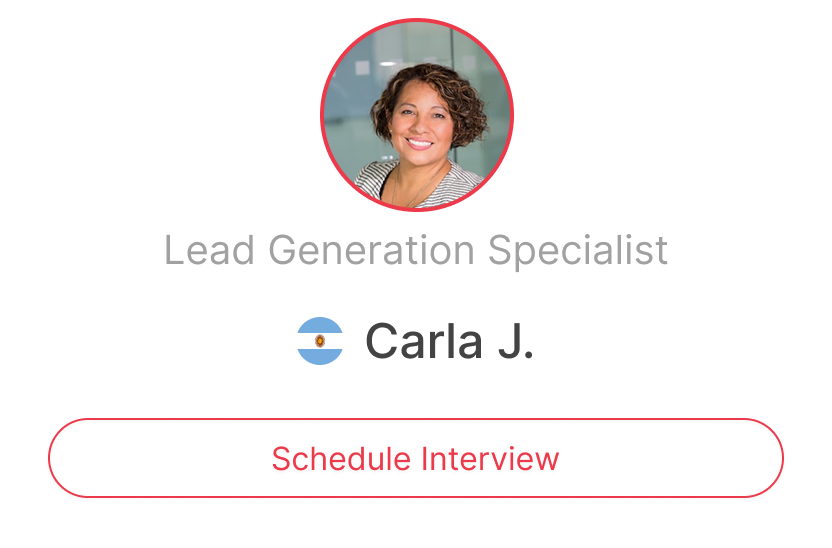 Profile card of Carla J., a Lead Generation Specialist from Argentina, with a circular photo, job title, and a 'Schedule Interview' button.