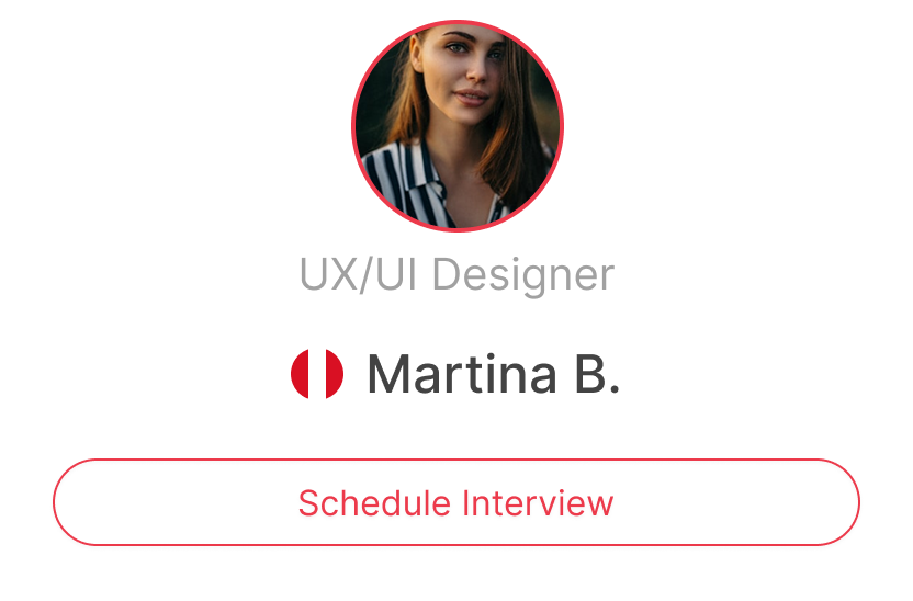 Profile card of UX/UI Designer Martina B. with profile photo, job title, and a 'Schedule Interview' button.