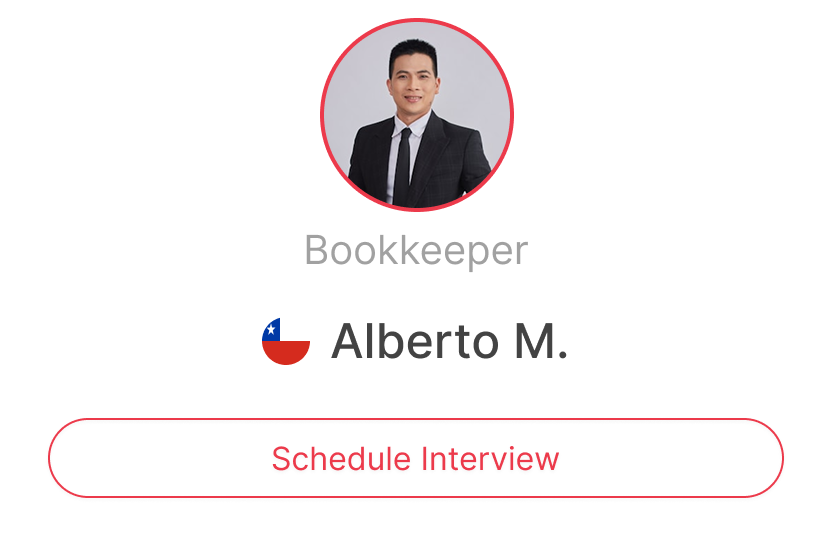 Profile card of bookkeeper with profile photo, job title, and a 'Schedule Interview' button.