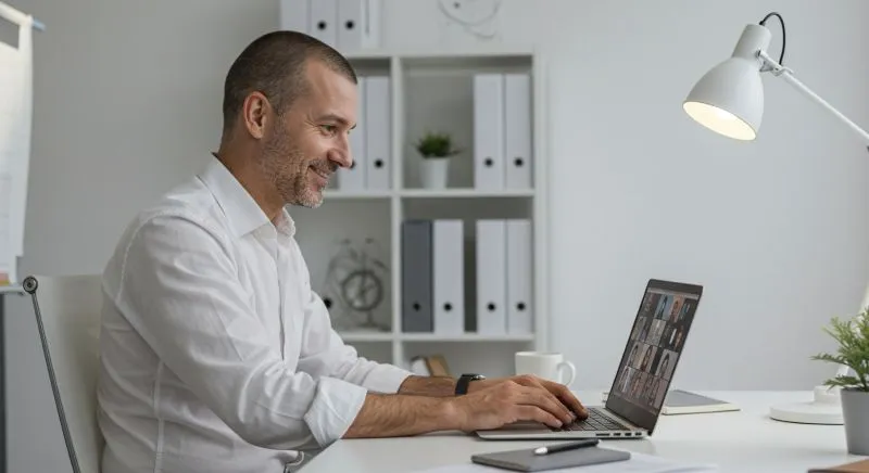 Marketing manager using video conferencing as part of outsourced marketing collaboration services.