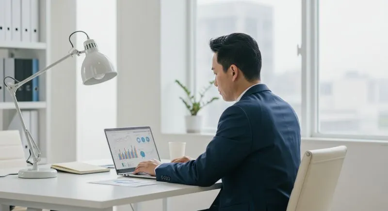 Business professional analyzing data charts on a laptop, showcasing results driven by outsourced marketing services