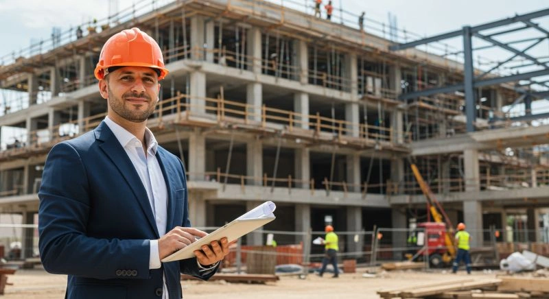 Construction project engineer supervising site construction work.