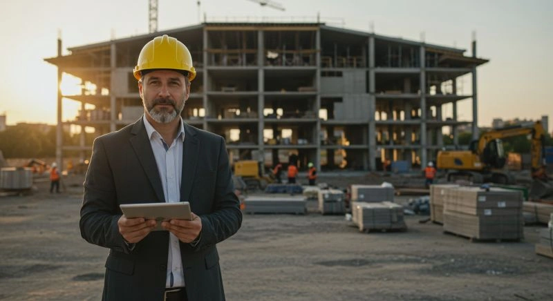 Construction project engineer inspecting progress on site