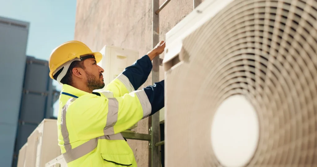 HVAC technician performing a retrofit or maintenance on an outdoor AC unit.