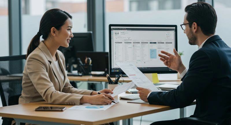 Business development representative discussing strategies with a colleague in an office environment, showcasing professional collaboration.