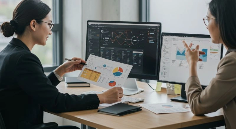 Business development representatives analyzing data charts during a meeting, focusing on performance metrics and business insights.