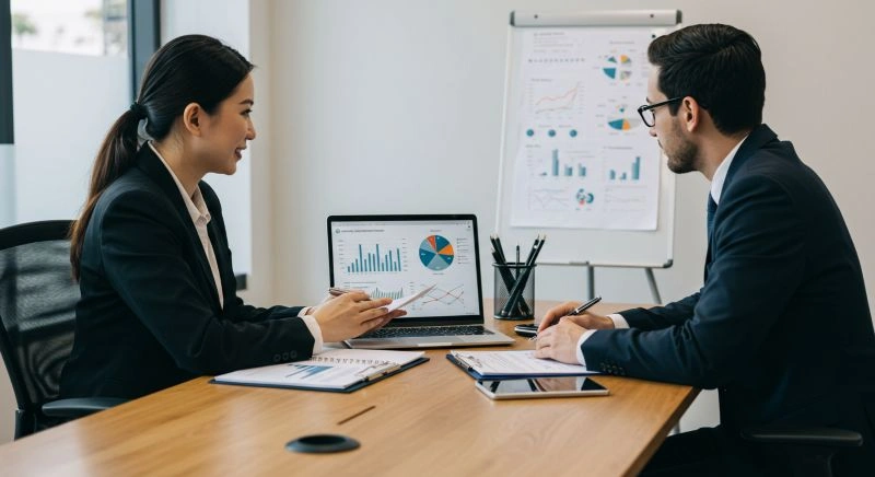 Business development representative discussing analytics in a professional setting, demonstrating what a business development representative does