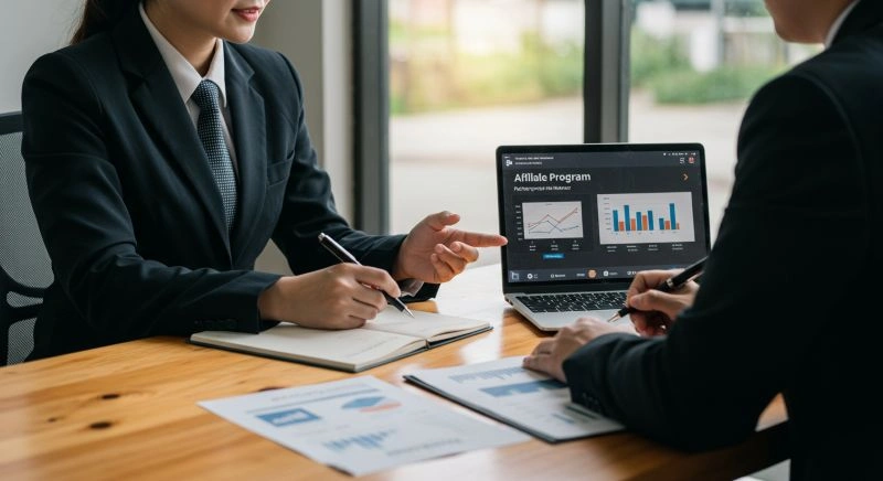 Business development representative explaining affiliate program insights during a meeting, highlighting the role of a business development representative.