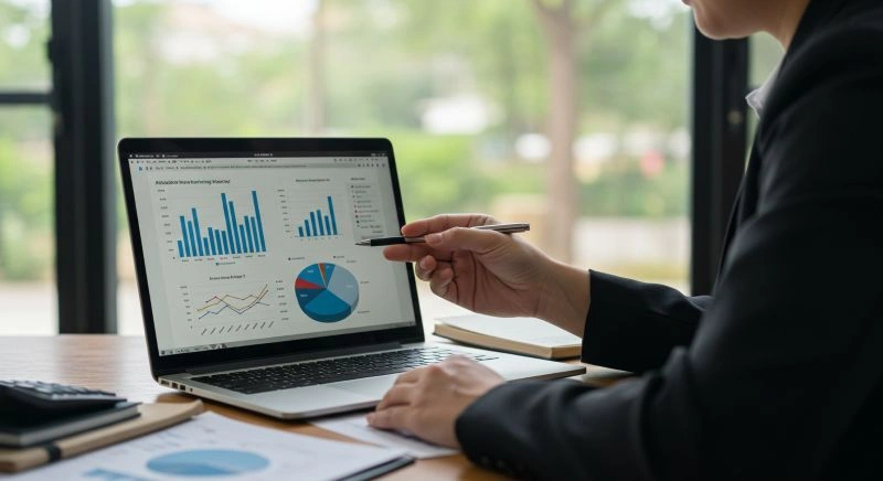 Close-up of business development representative reviewing data analytics and trends, showing responsibilities of a business development representative