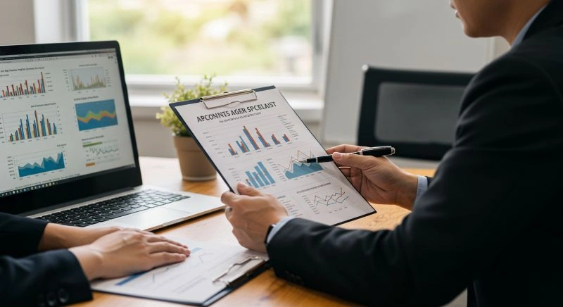 Business professionals examining detailed AP/AR specialist reports with visual charts on accounts payable and receivable