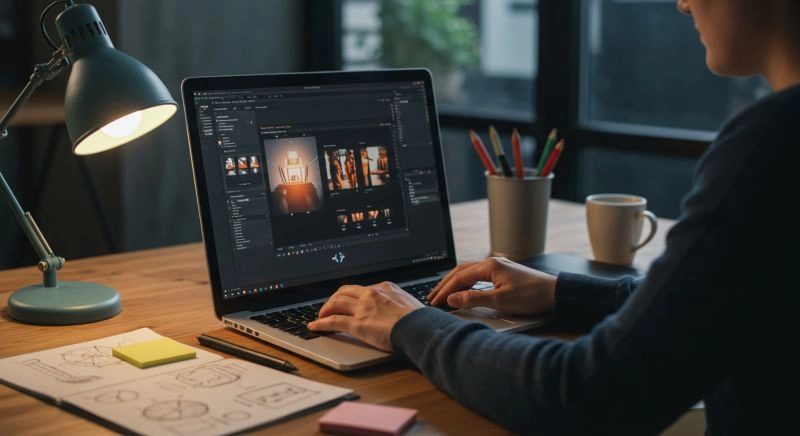 Freelance motion designer working on a laptop editing motion graphics, with a focus on creative digital content.