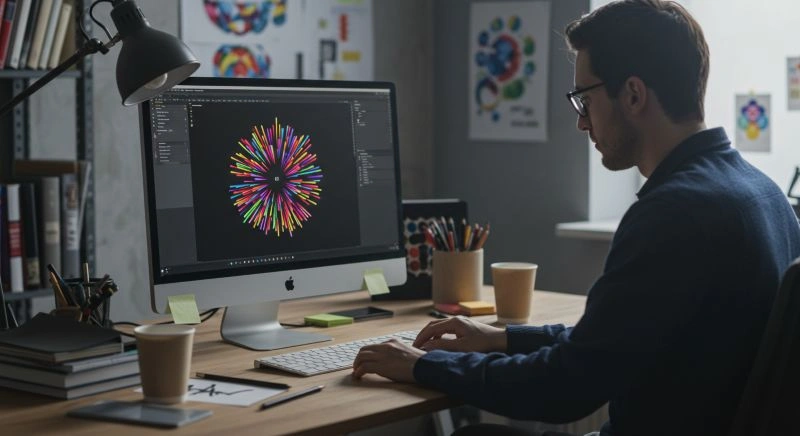 Freelance motion graphic designer creating vibrant and dynamic designs on a desktop computer