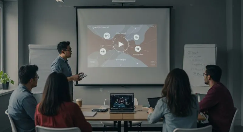 Group of professionals in a meeting, discussing a presentation on creative design strategies led by a freelance motion designer.