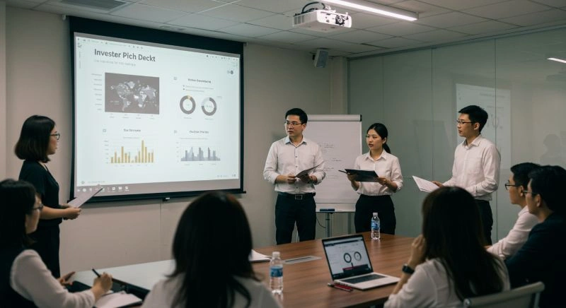 Team presenting a business pitch deck with visual analytics, showcasing corporate presentation design services and outsourced presentation design solutions.