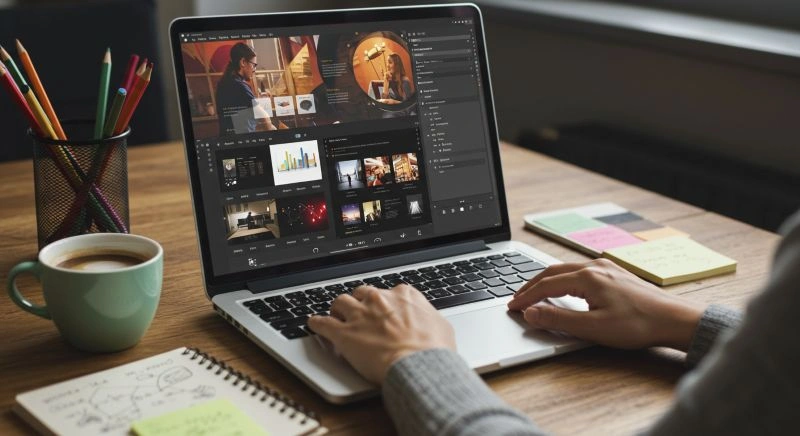 Creative professional working on presentation design, editing business visuals using software, emphasizing outsourced presentation design services