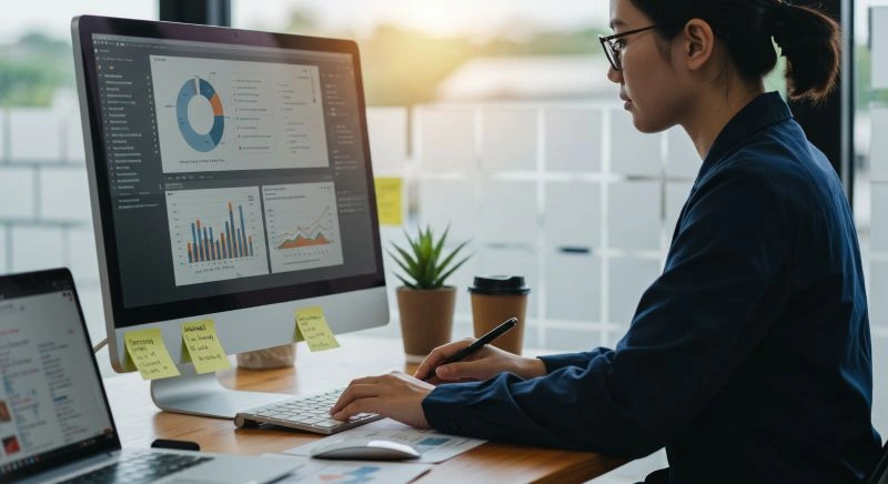 Lead generation specialist analyzing data trends and performance on a computer, visualizing lead metrics and sales growth