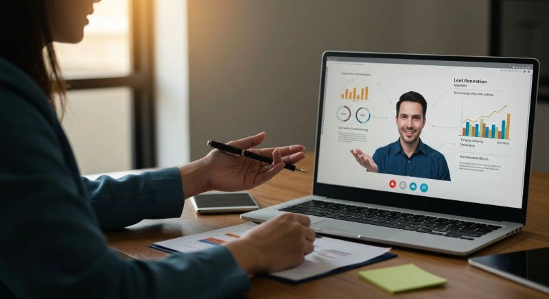 Lead generation specialist presenting insights during a video call, discussing sales strategies and lead generation metrics with a client.