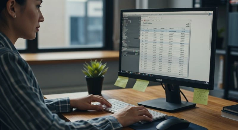 Payroll assistant working on payroll data using a computer, managing payroll responsibilities with attention to detail.