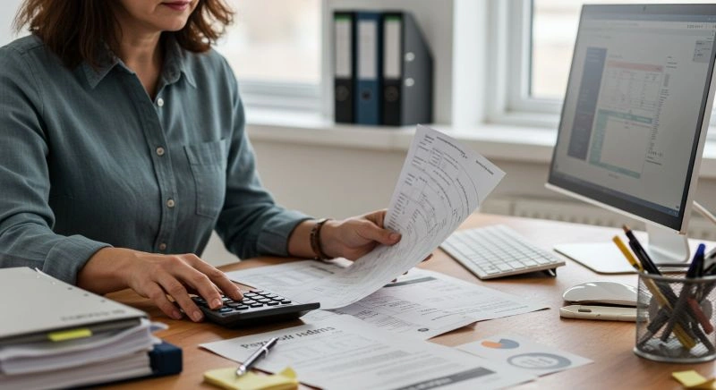 Payroll assistant handling payroll documents and using a calculator to ensure accuracy in payroll management tasks.