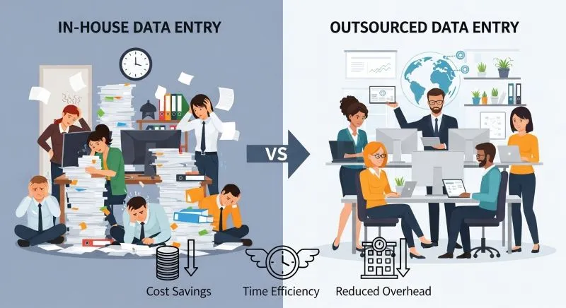 Illustration showing the contrast between in-house and outsourced data entry services, highlighting benefits like cost savings, time efficiency, and reduced overhead.