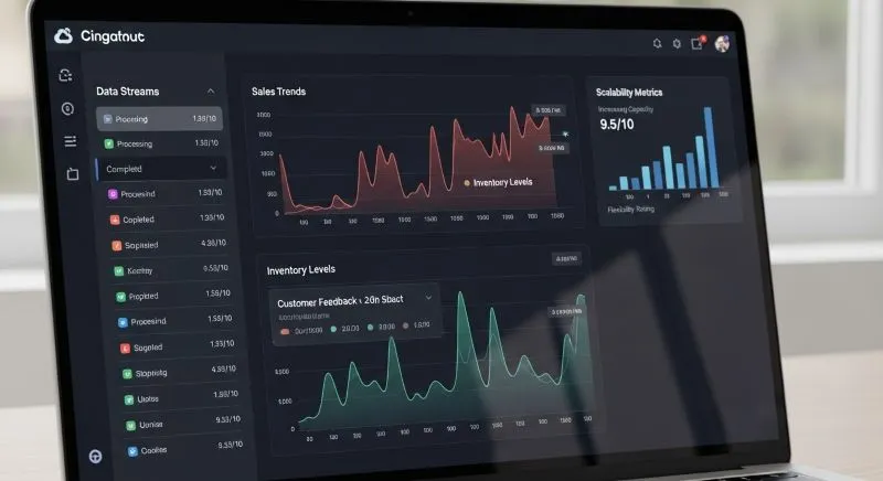 Screenshot of a data entry outsourcing services dashboard showcasing sales trends, inventory levels, and customer feedback metrics for data-driven decision-making.