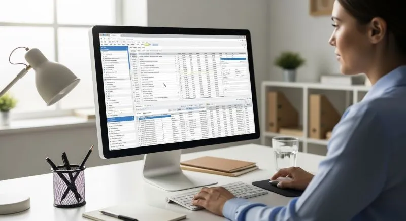 Photo of a person managing data entry tasks on a computer, illustrating the manual and detailed nature of data entry outsourcing services with spreadsheets and tables
