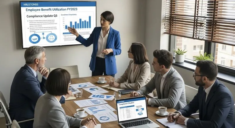Photo of a team meeting with a presentation on employee benefits and compliance, illustrating the role of HR specialists in managing specific areas like employee benefits in comparison to HR generalists who cover a wider range of tasks