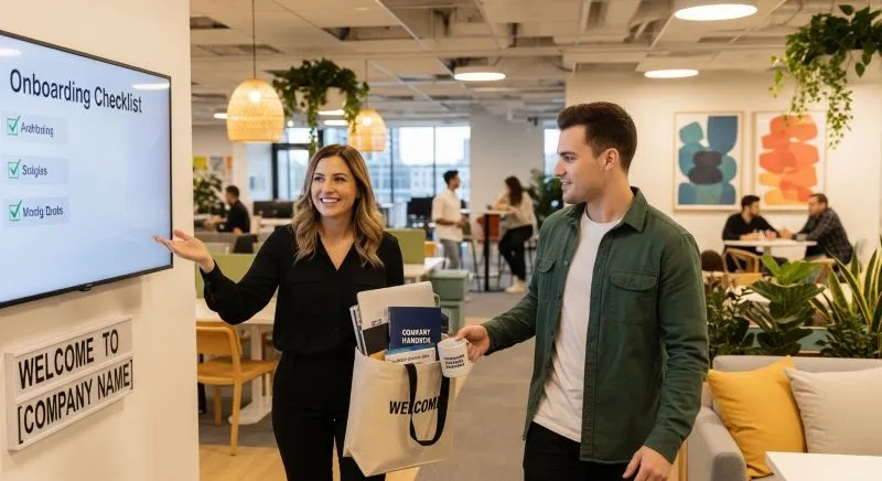 An HR generalist and a new employee engaged in the onboarding process, highlighting the role of HR generalists in managing multiple employee lifecycle stages, contrasted with the HR specialist's focus on specific HR functions.