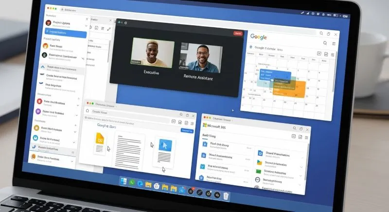 Screenshot of an executive meeting with a remote assistant, illustrating the role of an outsourced executive assistant in facilitating virtual collaborations and business operations.