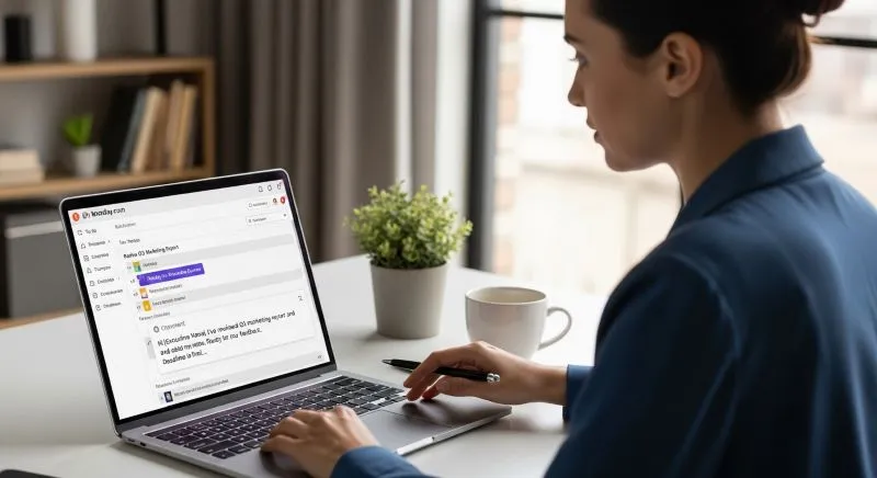 Photo of a professional working remotely as an outsourced executive assistant, handling email communications and project management tasks on a laptop.